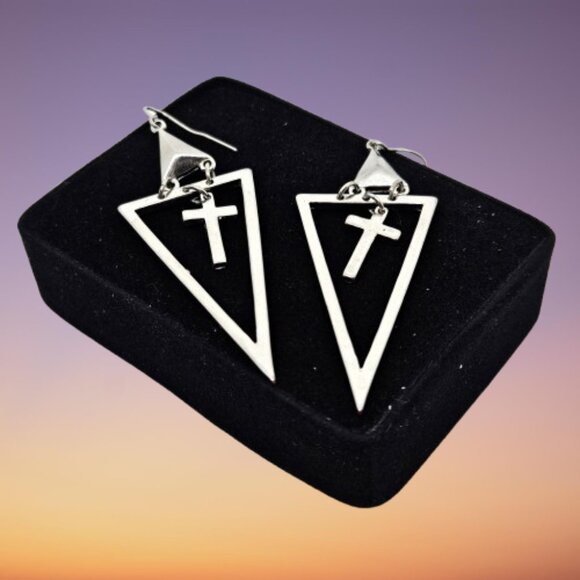 Silver Tone Dangle Cross Earrings - Picture 1 of 5